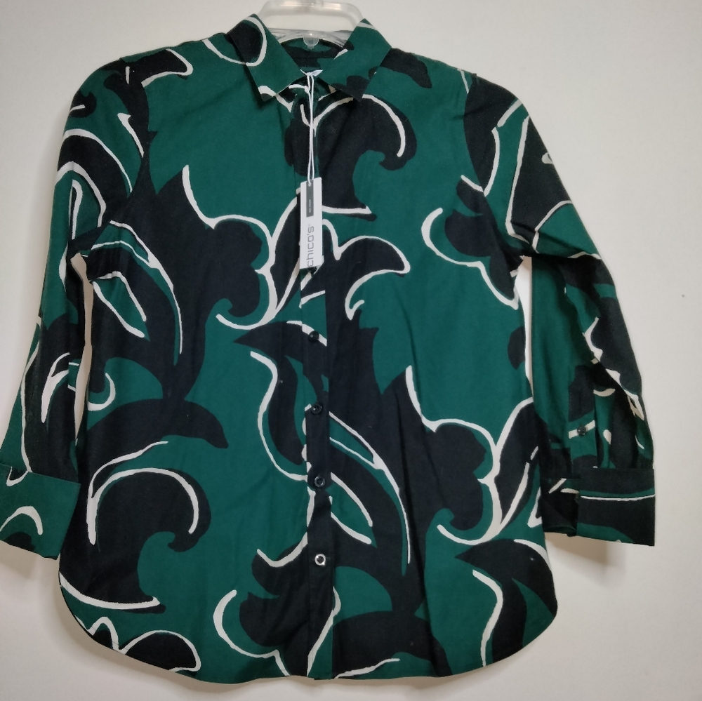 Chico's (Sz 4) Multicolor Stretch No Iron Button Down 3/4 Sleeve Shirt (NEW-NWT)